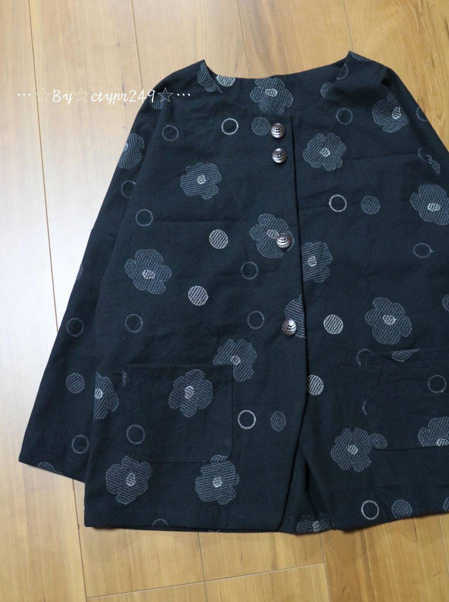 hand　made♪cotton&リネンflower刺繍ノーカラーショート丈ジャケット♪ hand | made♪cotton&amp;リネンちび襟シャツ♪ 台湾 方さん手作り藤の花刺繍リネン携帯小物ポケット 母の日
