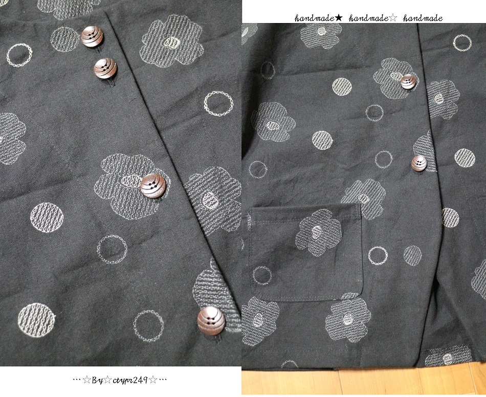 hand　made♪cotton&リネンflower刺繍ノーカラーショート丈ジャケット♪ hand | made♪cotton&amp;リネンちび襟シャツ♪ 台湾 方さん手作り藤の花刺繍リネン携帯小物ポケット 母の日