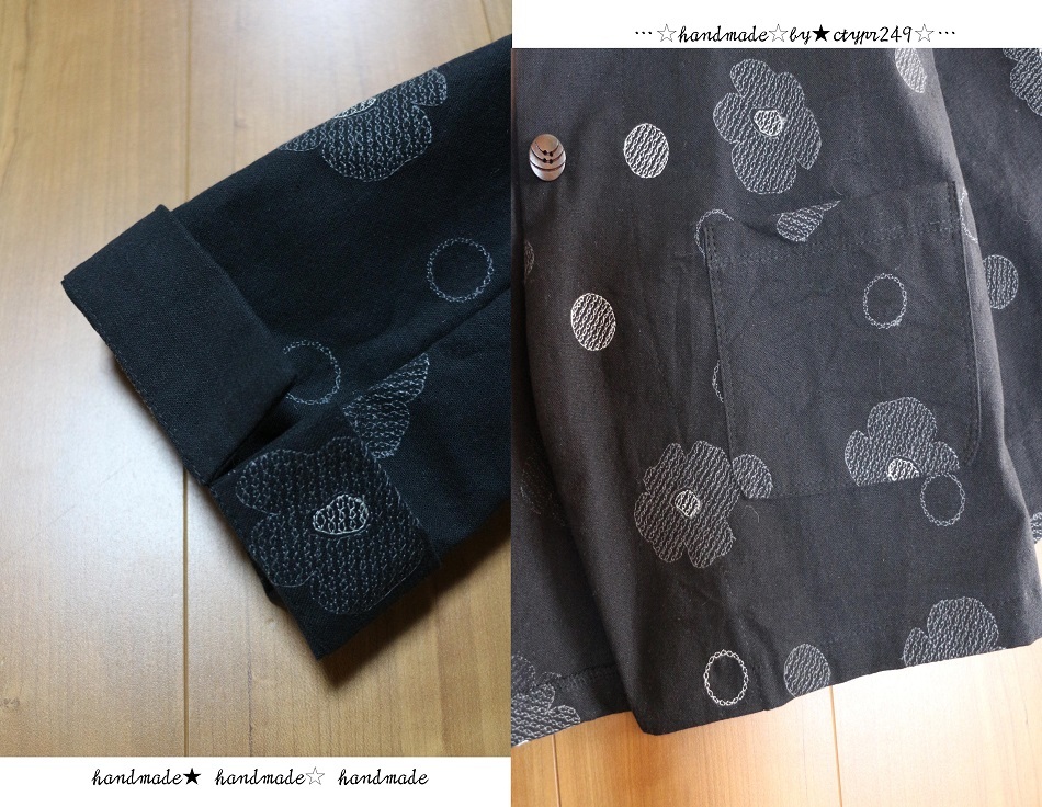 hand　made♪cotton&リネンflower刺繍ノーカラーショート丈ジャケット♪ hand | made♪cotton&amp;リネンちび襟シャツ♪ 台湾 方さん手作り藤の花刺繍リネン携帯小物ポケット 母の日