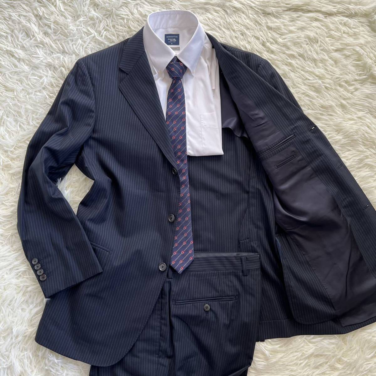 ビームスエフ【美品】BEAMS F スーツ 100 88 L位 紺 ストライプ 