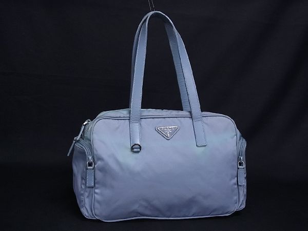 1円 PRADA プラダ テスートナイロン×レザー ハンドバッグ トートバッグ 手提げかばん 手持ち レディース ライトブルー系 BB1378yN