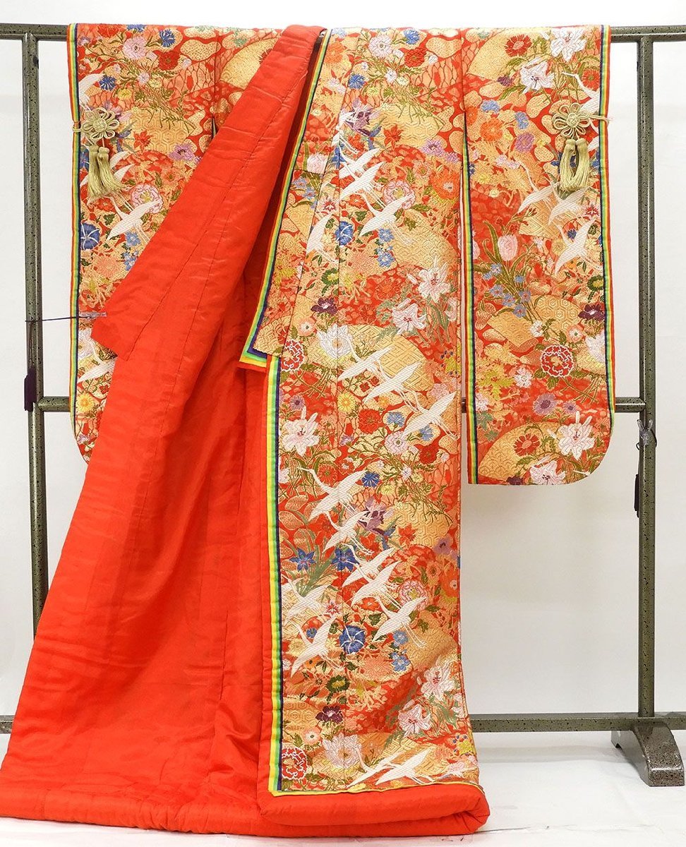 色打掛 正絹 吉祥四季花舞鶴模様 打掛 花嫁衣裳 婚礼 リサイクル 着物 