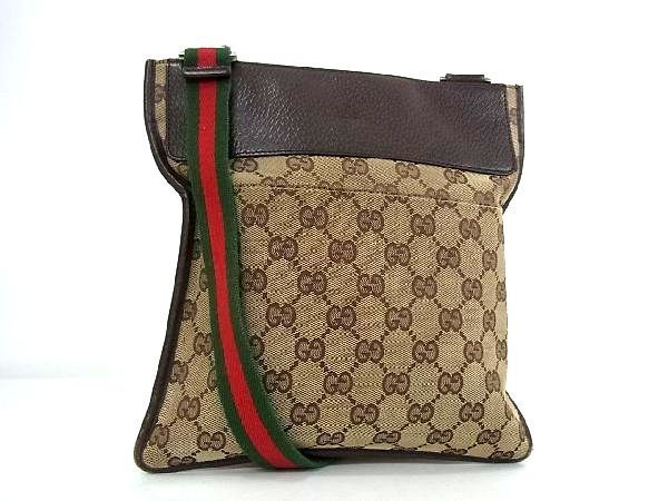 GUCCI グッチ GGキャンバス 0 レザー ショルダーバッグ ブラウン 斜め 