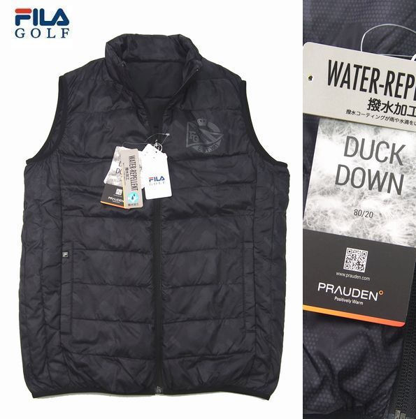 新品 秋冬 FILA GOLF フィラゴルフ 防寒 撥水加工 保温 カモ柄 80/20 ダウン ベスト メンズ フルジップアウター ゴルフウェア XL ブラック