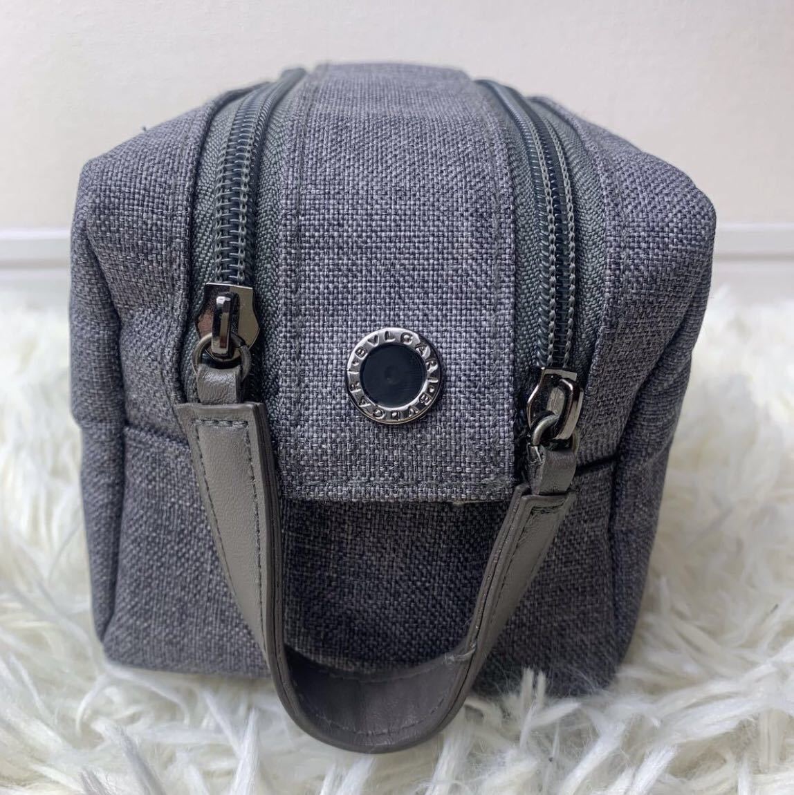 1円 新品同様 BVLGARI メンズ クラッチバッグ シルバー金具 サークル金具 セカンドバッグ ブルガリ グレー　キャンバス×レザー