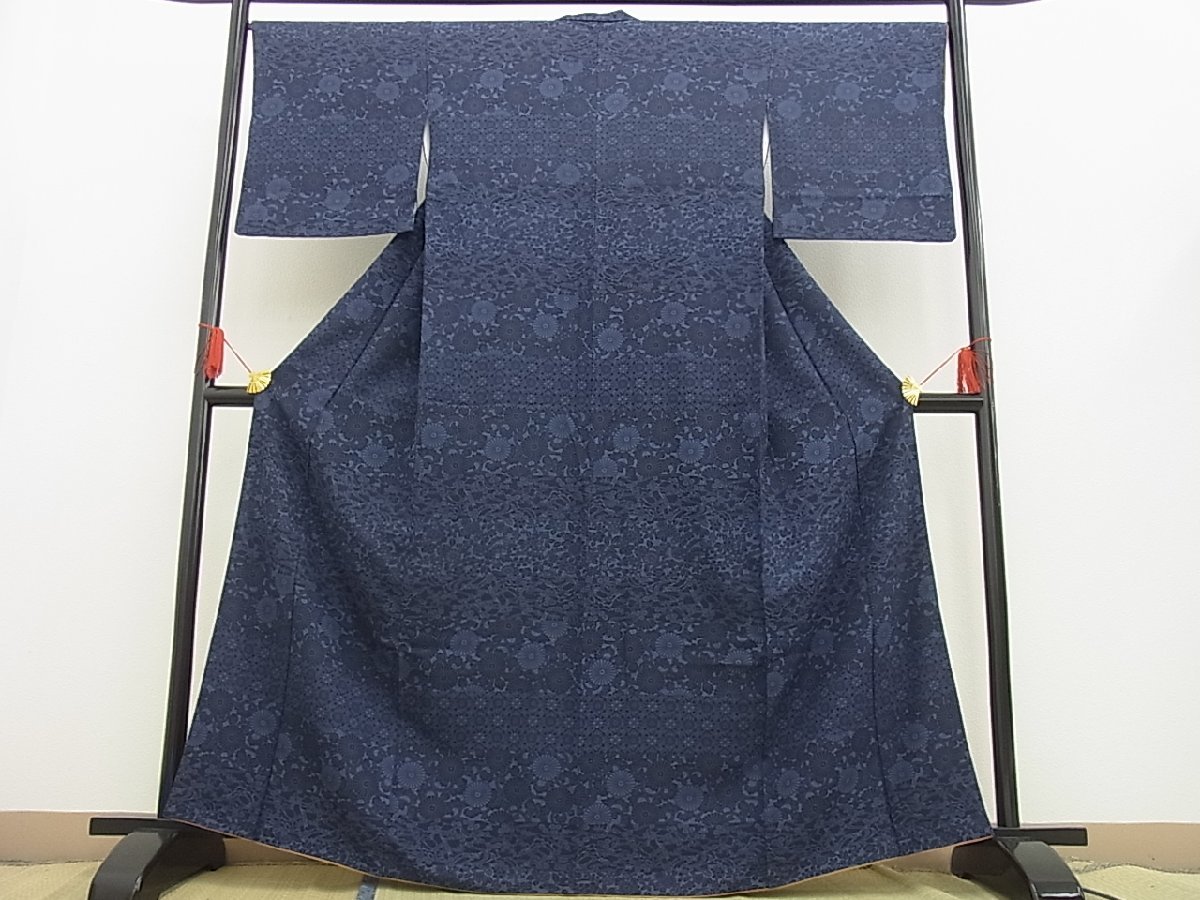 平和屋着物＊夏物 小紋 絽 藍 型染め 草花文 正絹 逸品 AABI7909jdの