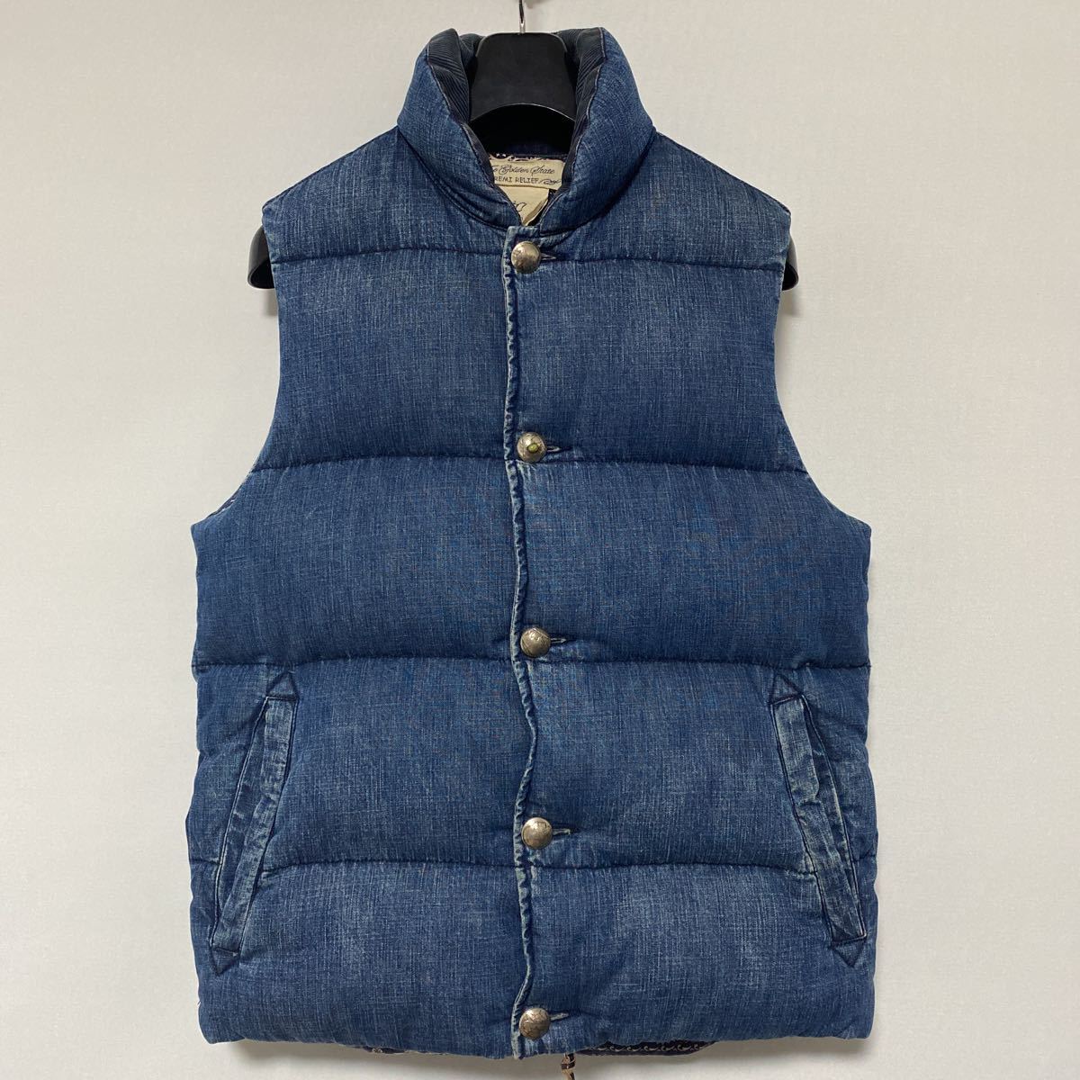 美品 レミレリーフ ユーズド 加工 インディゴ コンチョ ダウン ベスト S 裏地 バンダナ ターコイズ REMI RELIEF デニム