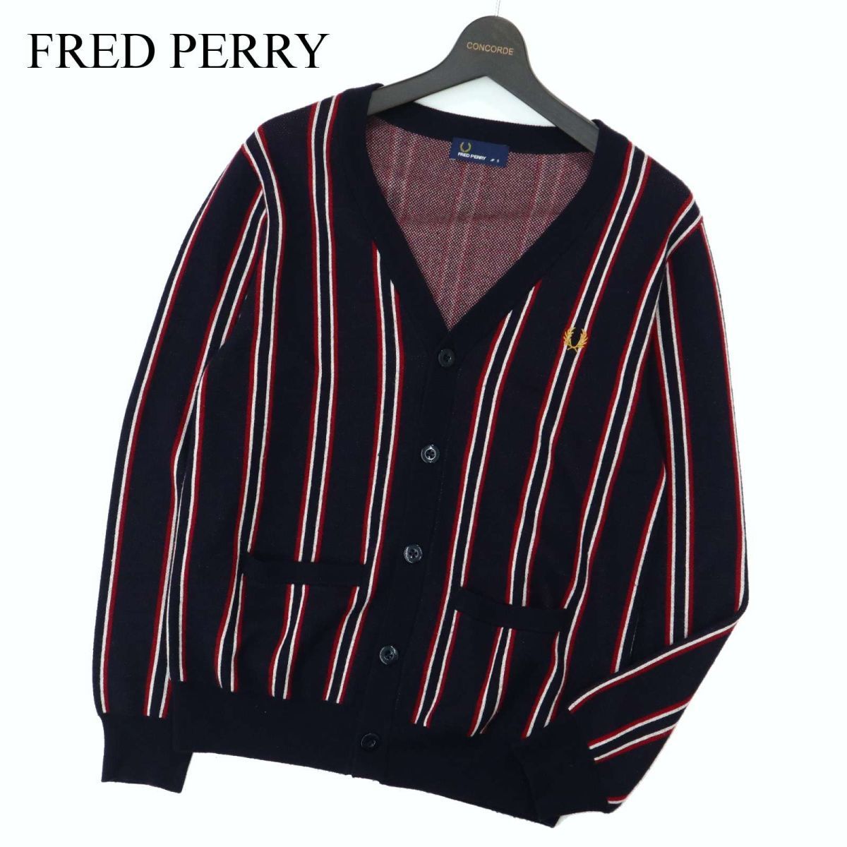 FRED PERRY フレッドペリー 秋冬 ロゴ刺繍★ ウール混 ストライプ ニット カーディガン Sz.S　メンズ ネイビー　A2T12386_B#N
