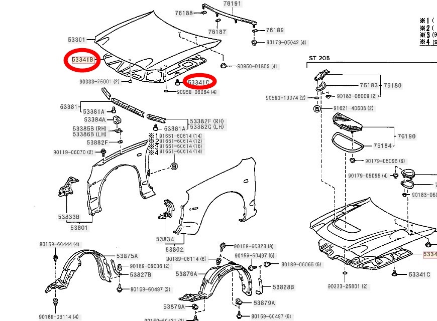 希少 ST205 セリカ CELICA トヨタ 純正 53341B フード インシュレータ クリップ 13個セット 新品 未使用品 INSULATOR， HOOD