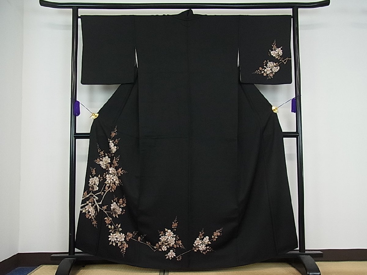 平和屋着物■訪問着　手描き　枝花文　黒地　金彩　逸品　ua0141