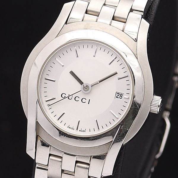 1円 稼働 良品 箱/コマ4付 グッチ QZ 5500L シルバー文字盤 デイト