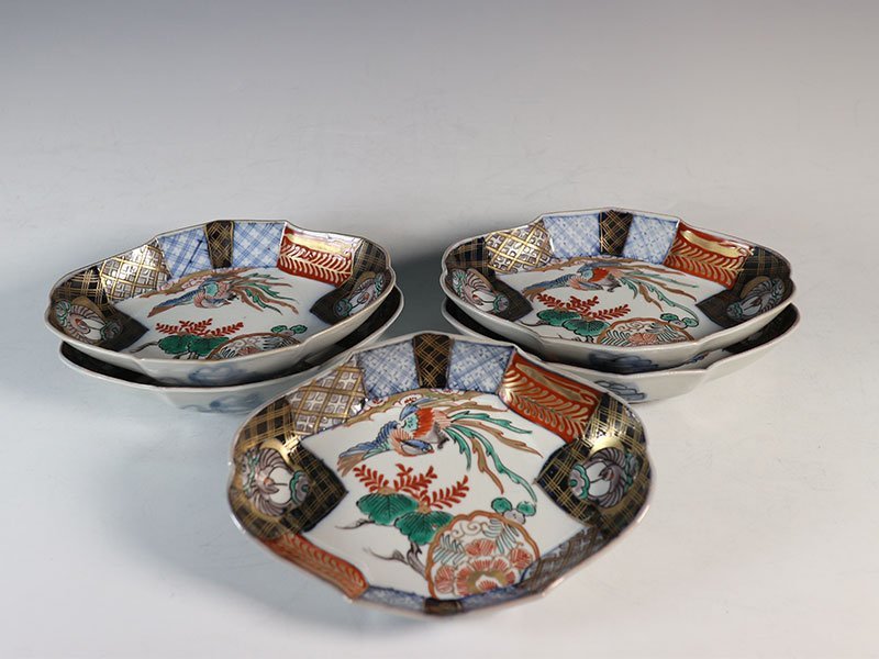 古伊万里 染錦 CH89 桐鳳凰 鶴 菱形 皿 五客 0 2cm 変形 刺身