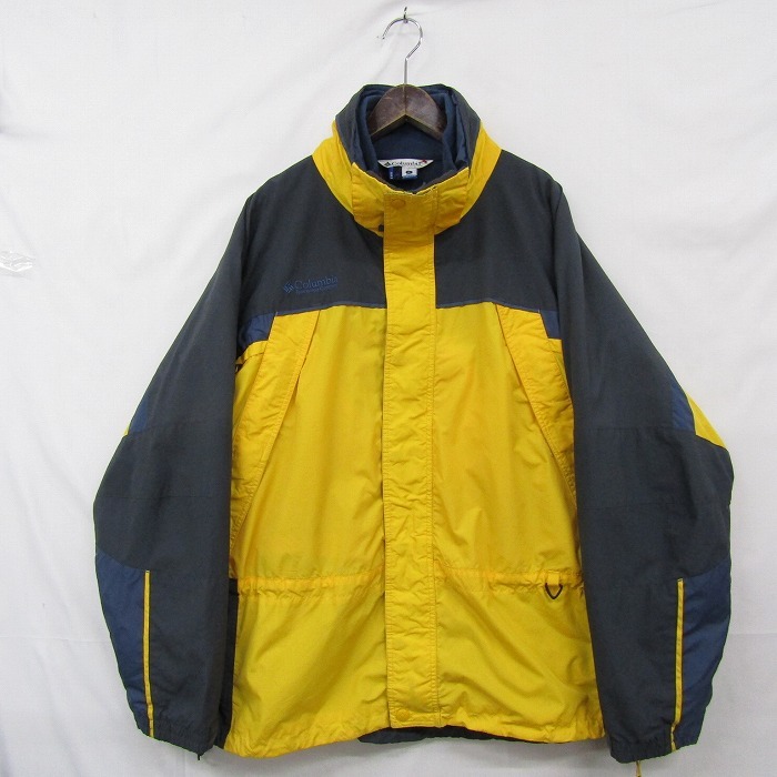 90s 00s Columbia サイズ XL ナイロン マウンテン ジャケット フリースライナー付 企業刺繍 黄 紺 コロンビア 古着 ビンテージ 2N2906