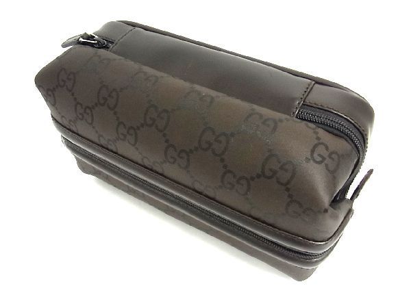 1円 ■美品■ GUCCI グッチ 014 1136 001553 レザー バニティバッグ メイクポーチ マルチケース 化粧入れ ブラウン系 AE7865Iオ