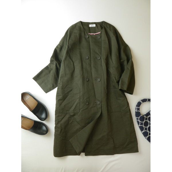 アトリエナルセ atelier naruse W button spring coat ノーカラー コットン リネン ロング コート カーキ 