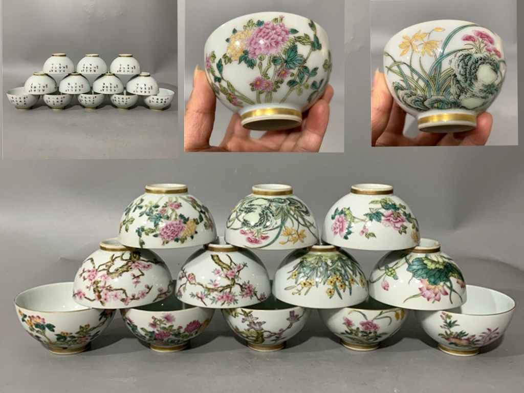 ★清代 雍正禦制款 粉彩包金十二花神杯★高さ4.8ｃｍ 直径8.8ｃｍ