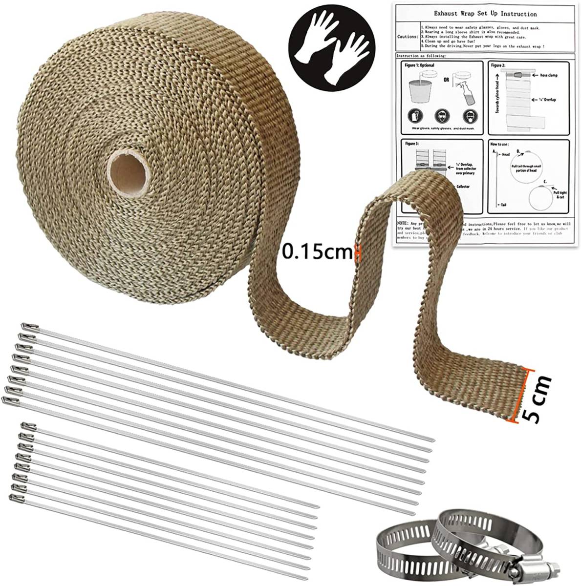 ゴールド色5CM*15M ZHUBANG 耐熱布自動車やバイクのマフラー玄武岩繊維製耐熱1600℃サーモバンテージ 幅5CM*_2