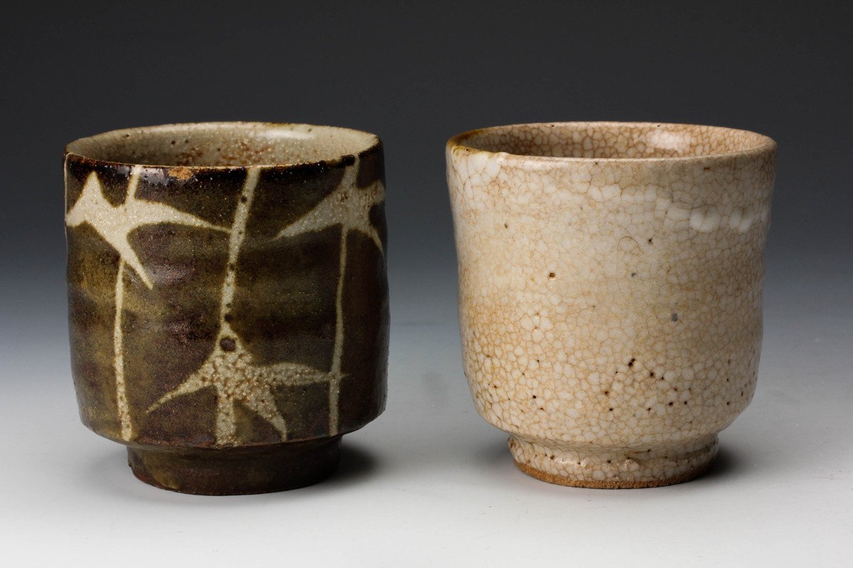 益子窯 白釉 箱無 湯呑 鉄絵 作 共箱 益子焼 共箱：