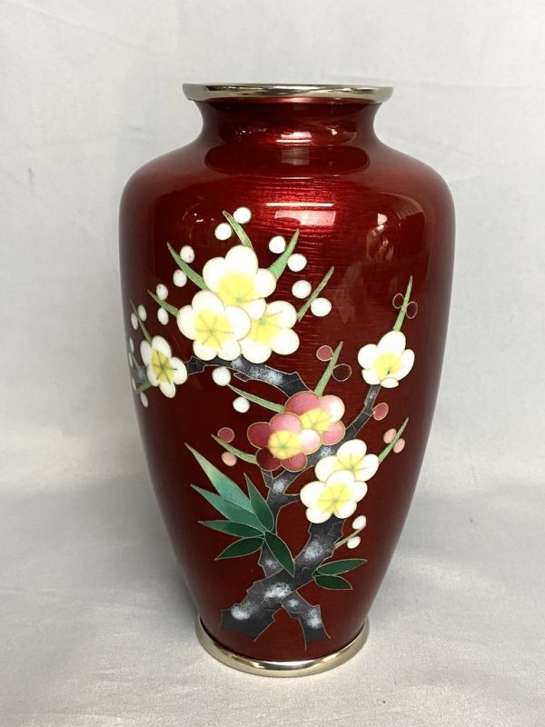 七宝焼　服部喜久作　花文　花瓶　唐木台付　共箱　V　R9527 C40】新品/保管品 七宝焼 花瓶 木箱/共箱 金属工芸 飾り台座付き 花
