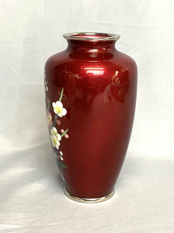 七宝焼　服部喜久作　花文　花瓶　唐木台付　共箱　V　R9527 C40】新品/保管品 七宝焼 花瓶 木箱/共箱 金属工芸 飾り台座付き 花