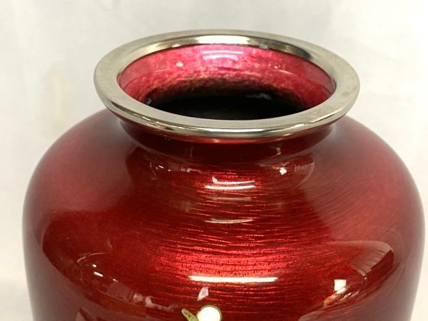 七宝焼　服部喜久作　花文　花瓶　唐木台付　共箱　V　R9527 C40】新品/保管品 七宝焼 花瓶 木箱/共箱 金属工芸 飾り台座付き 花
