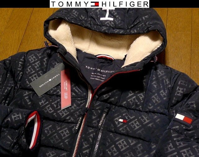 L(US)XL(JP位) トミーヒルフィガーUSA限定 高級サテン調光沢 超豪華全面THロゴ 極暖 ジャケット高品質DOWN ALTERATIVE耐風耐水 保温蓄熱