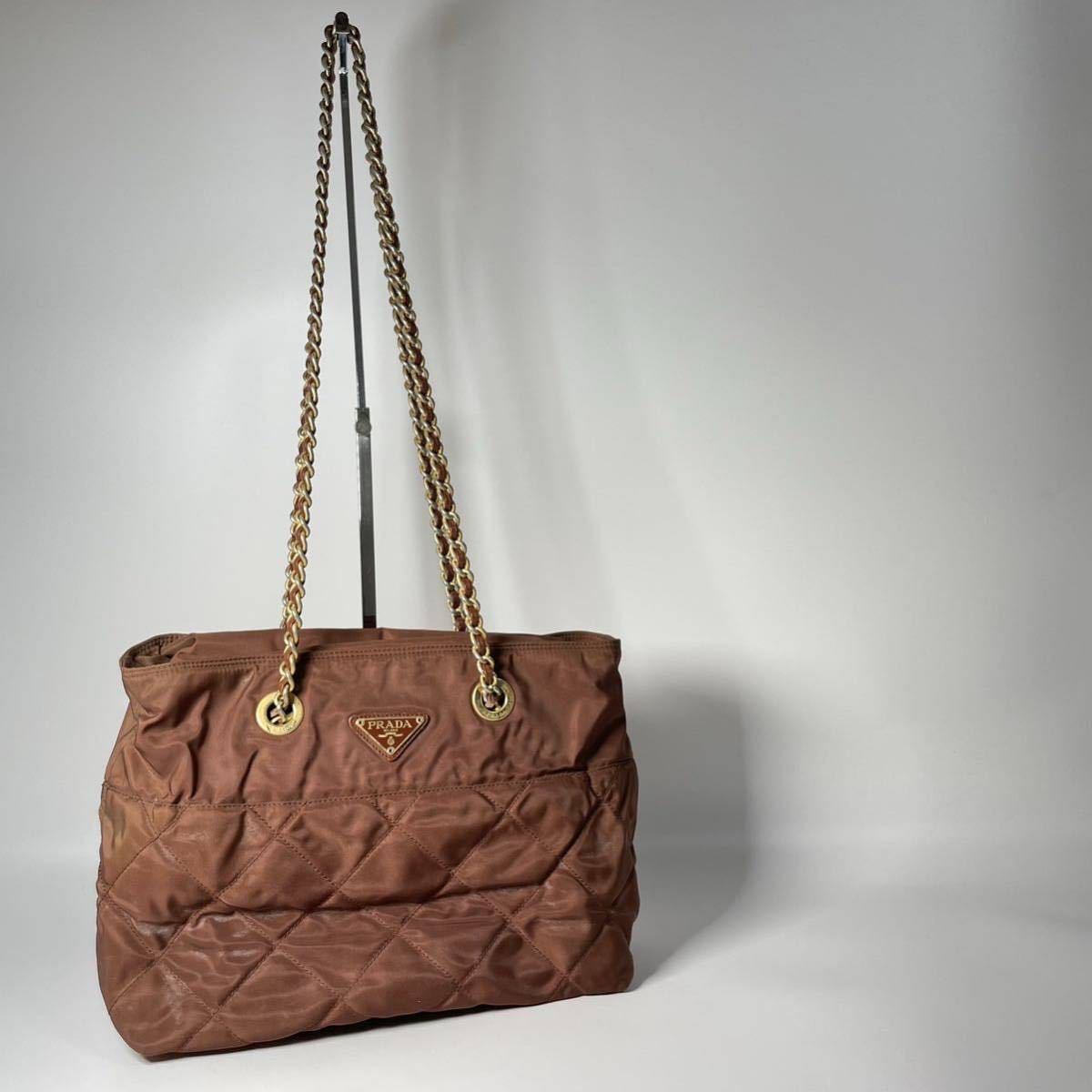 1円 プラダ PRADA チェーン ショルダー トートバッグ 三角ロゴプレート 