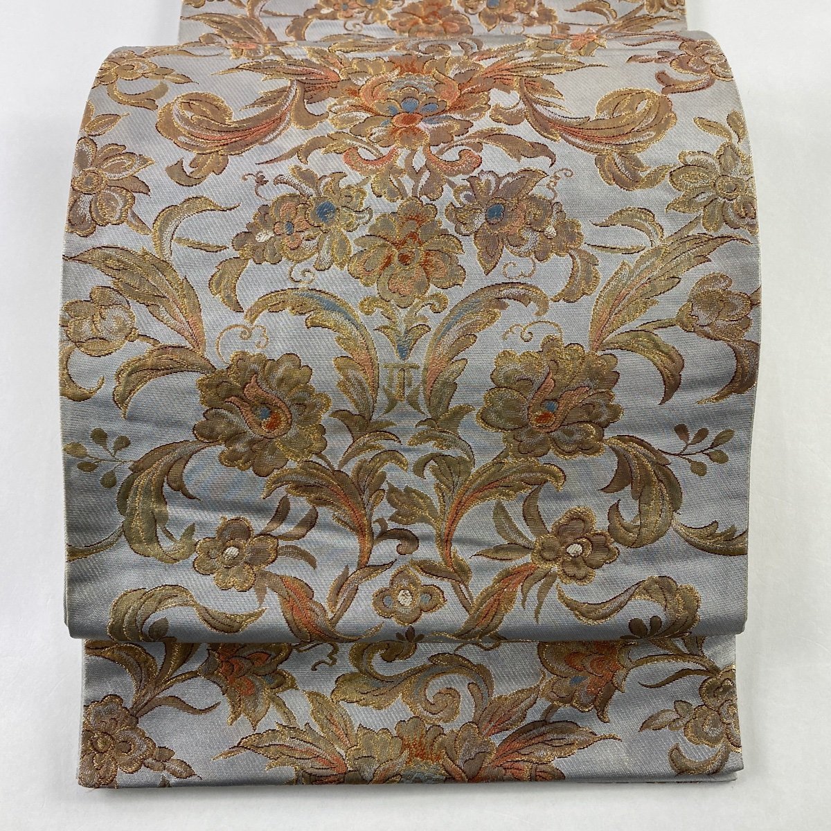袋帯 美品 秀品 草花 金糸 箔 銀色 六通 正絹 【中古】