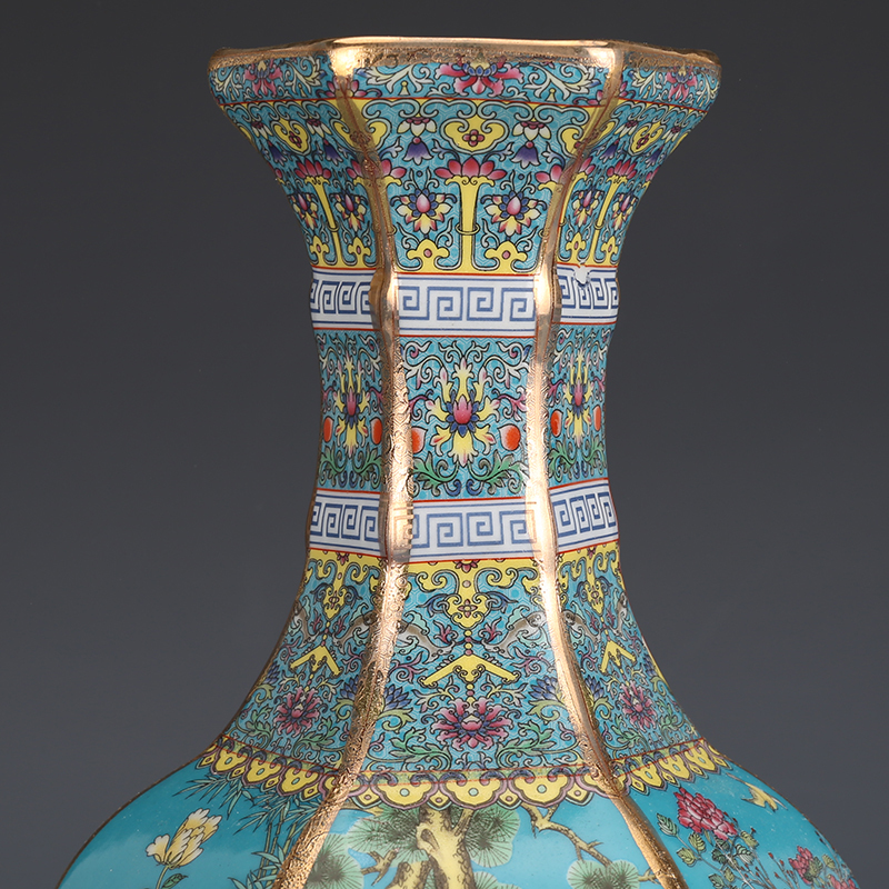 大清乾隆年製款 青色銘 彩絵 花鳥図 灯籠形 花瓶 精巧作 保存良好　花入れ □清代 乾隆年製款 琺瑯彩描金花鳥紋 六方花瓶 珍品□