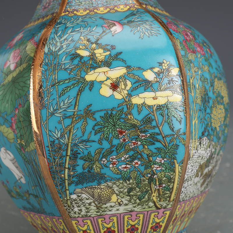 □清代 乾隆年製款 琺瑯彩描金花鳥紋 六方花瓶 珍品□