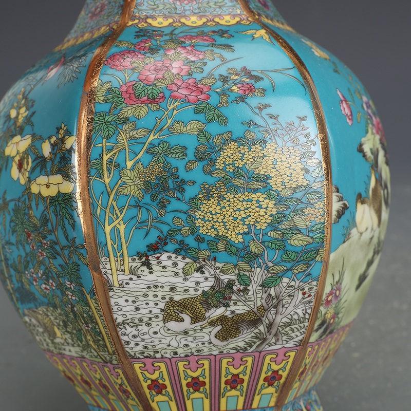 □清代 乾隆年製款 琺瑯彩描金花鳥紋 六方花瓶 珍品□