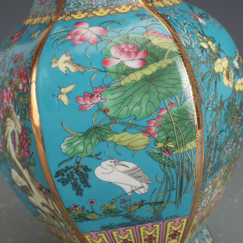 大清乾隆年製款 青色銘 彩絵 花鳥図 灯籠形 花瓶 精巧作 保存良好　花入れ □清代 乾隆年製款 琺瑯彩描金花鳥紋 六方花瓶 珍品□
