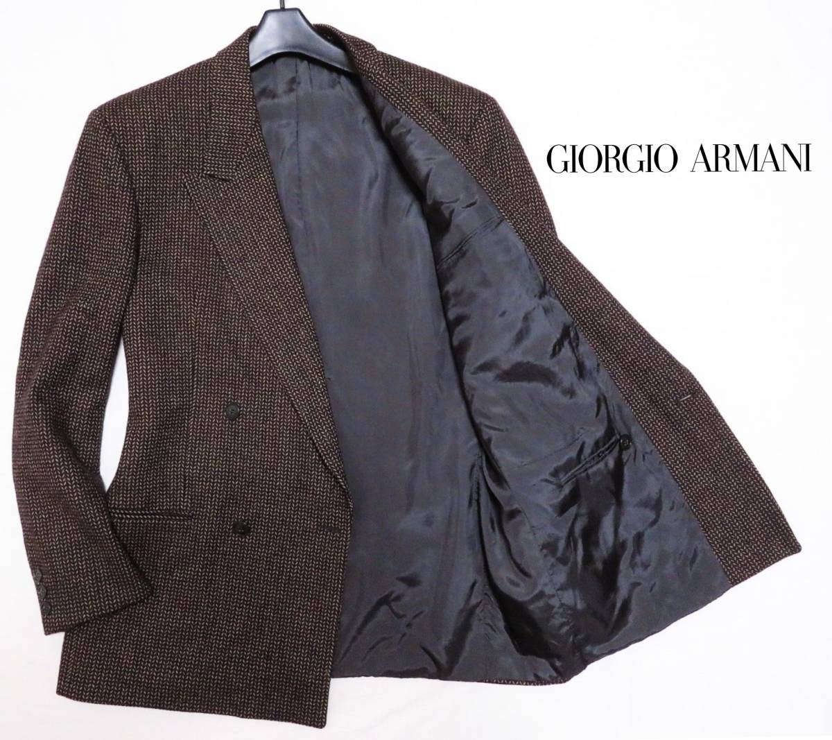美品 イタリア製 GIORGIO ARMANI ジョルジオアルマーニ 最高級ピュアウール テーラードジャケット ヘリンボーンブレザー 紳士 50REG 冬物