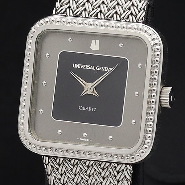 1円 稼働 良品 ユニバーサルジュネーブ QZ 843517 アンティーク スクエア 黒×グレー文字盤レディース腕時計 5930100▽