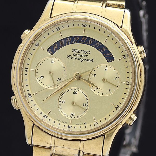 1円 セイコー QZ 7A34-7000 クロノグラフ ゴールド文字盤 デイト ラウンド メンズ腕時計 XYZ2895000★
