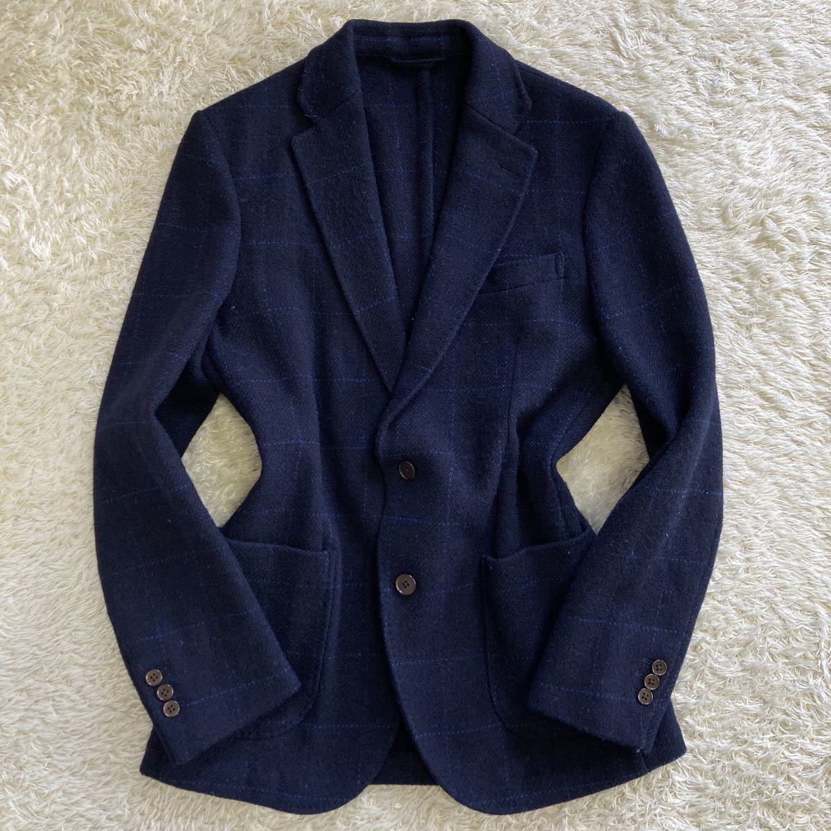 ユニバーサルランゲージ×ハリスツイード テーラードジャケット ネイビー M 美品 美品】ユニバーサルランゲージ×ハリスツイード テーラードジャケット