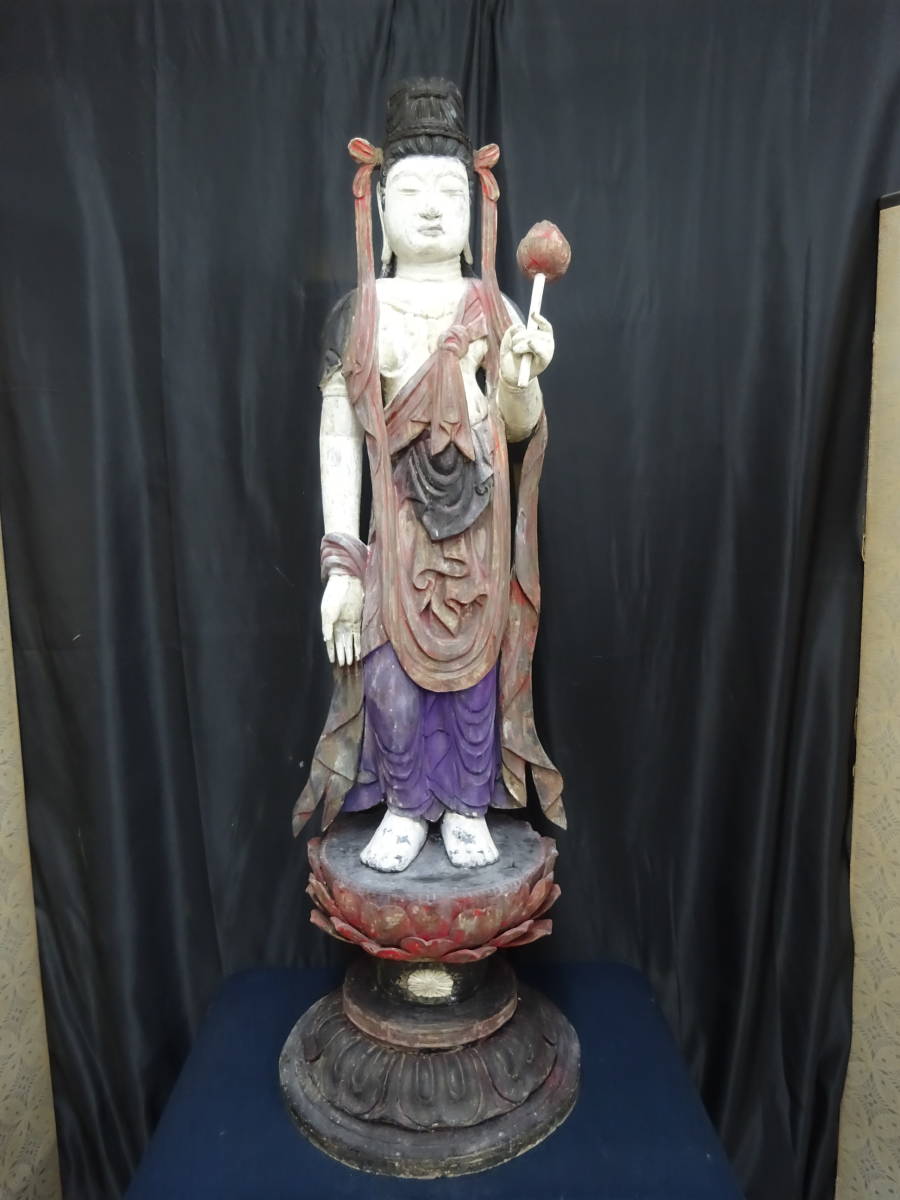 仏教美術 【T5 時代物 木彫 聖観音菩薩立像 高121cm 16.2kg】 時代物