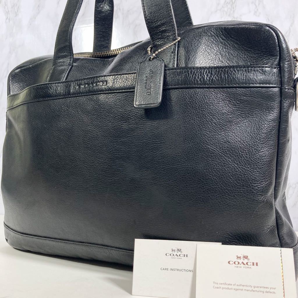 1円【超美品】COACH コーチ ビジネスバッグ ブリーフケース ハンドバッグ レザー ロゴ型押し A4サイズ可 書類かばん メンズ 黒 ブラック