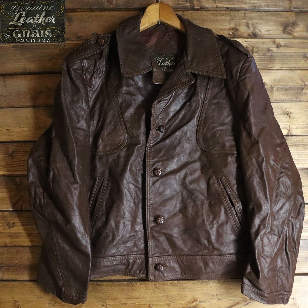 ＠4S/T12.16-3　70s　ビンテージ　USA製　Genuine Leather by GRAIS　本革　レザージャケット　ブルゾン　革ジャン　メンズ　46　ブラウン