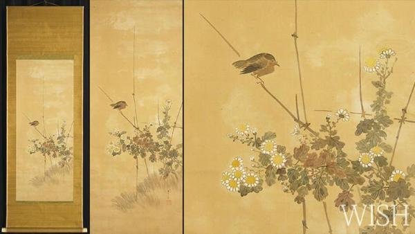 真作】【WISH】渡辺省亭 日本画 掛軸 絹本 鳥と木花 〇花鳥画巨匠 菊池