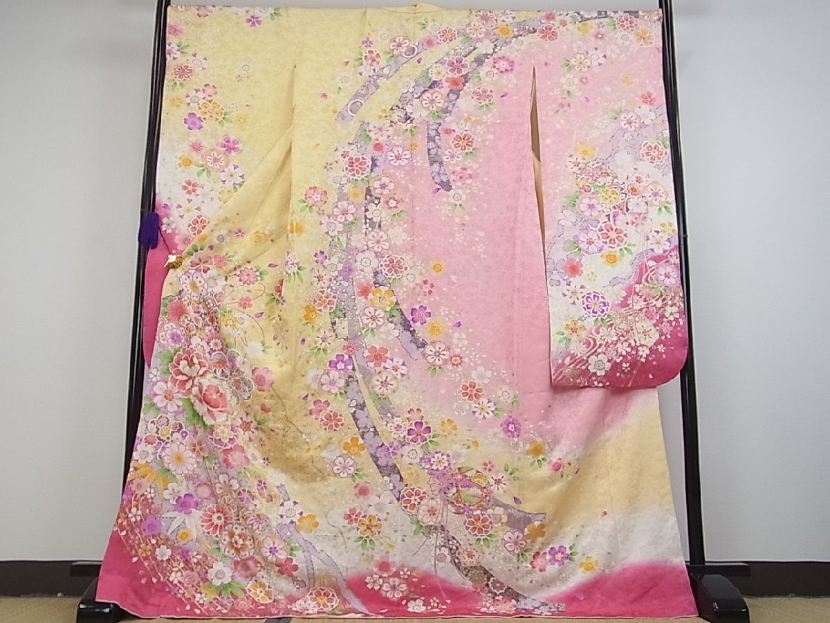 平和屋着物□極上 振袖 刺繍 雪輪花文 暈し染め 金彩 逸品 km1884