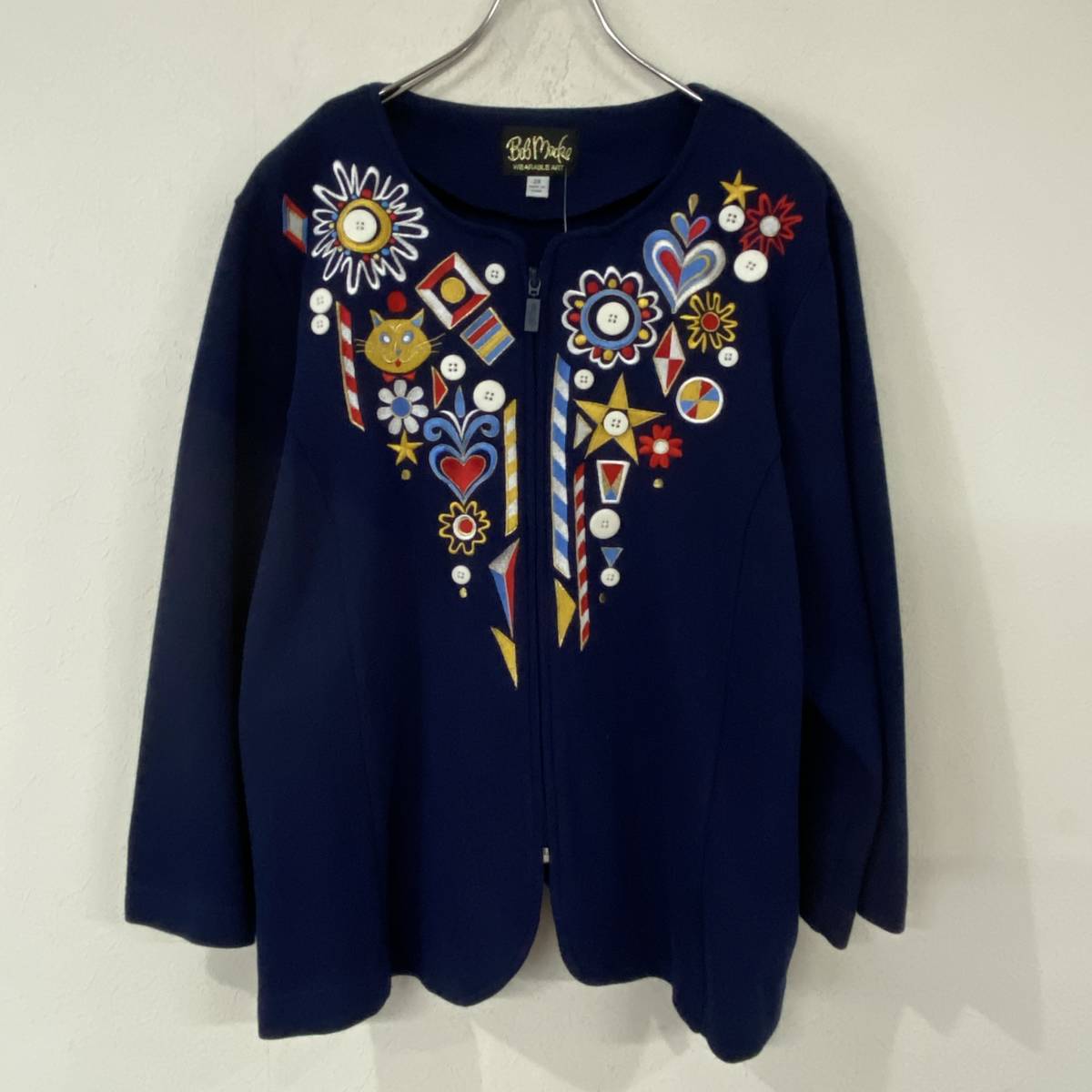 ビンテージ　デッドストック　タグ付き　ボブマッキー　刺繍　花柄　猫　星　ジャケット　ブルゾン　レディース　古着　女子　230106