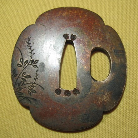 優品 E-69 銅鍔 木瓜形 菊花の図 音色良