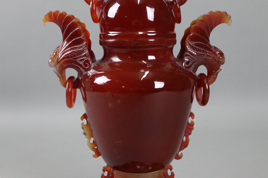 赤翡翠石彫刻　香炉　中国美術品 中国美術 赤瑪瑙彫刻 耳付遊環付 蓋物 香炉 高32，5cm 香