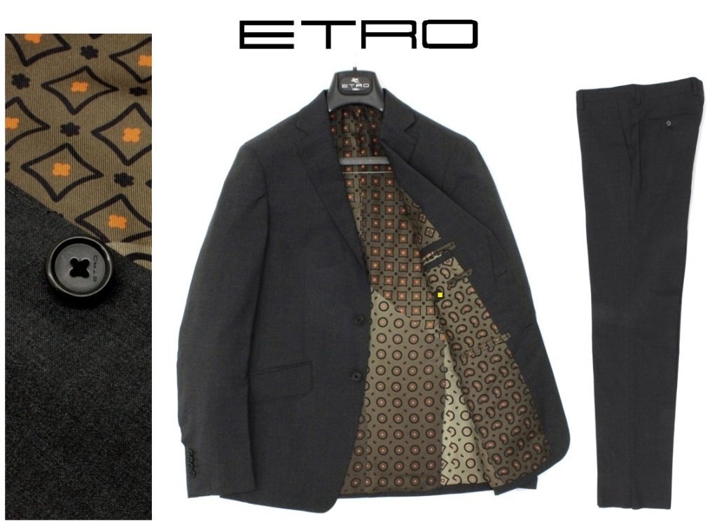 32万新品◆48=M◆エトロ 濃灰シンプルウールスーツ【ETRO】1円