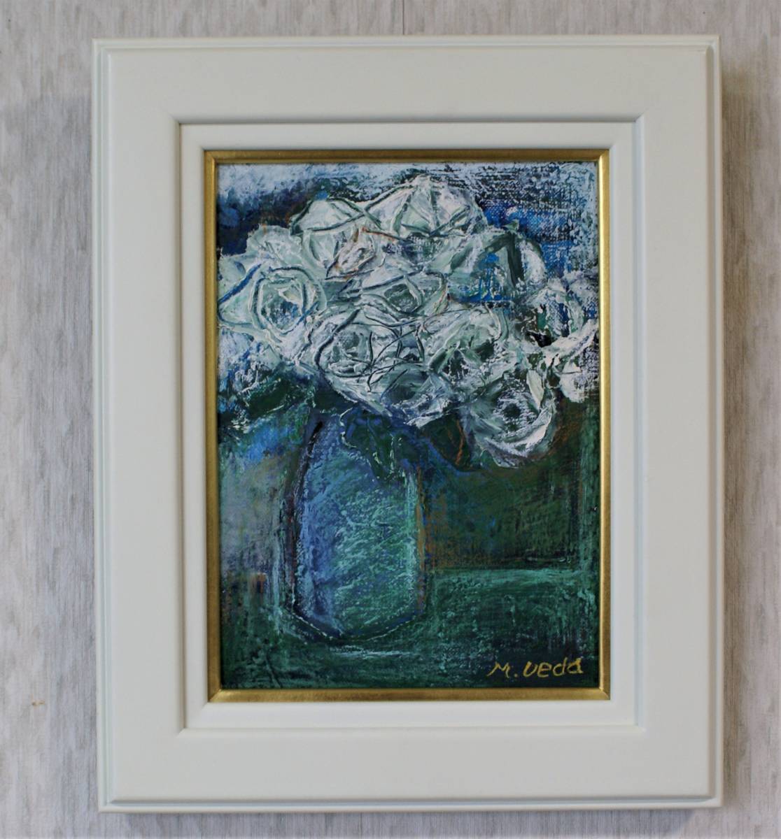 上田真澄 白バラ 油彩、F4号 薔薇 ばら 肉筆直筆油絵 額装