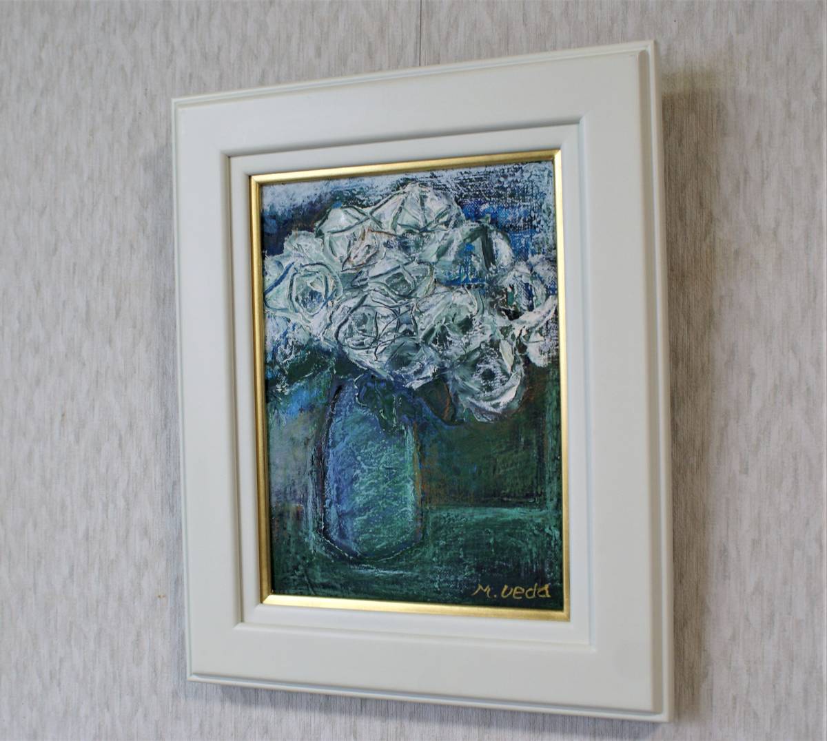 上田真澄 白バラ 油彩、F4号 薔薇 ばら 肉筆直筆油絵 額装