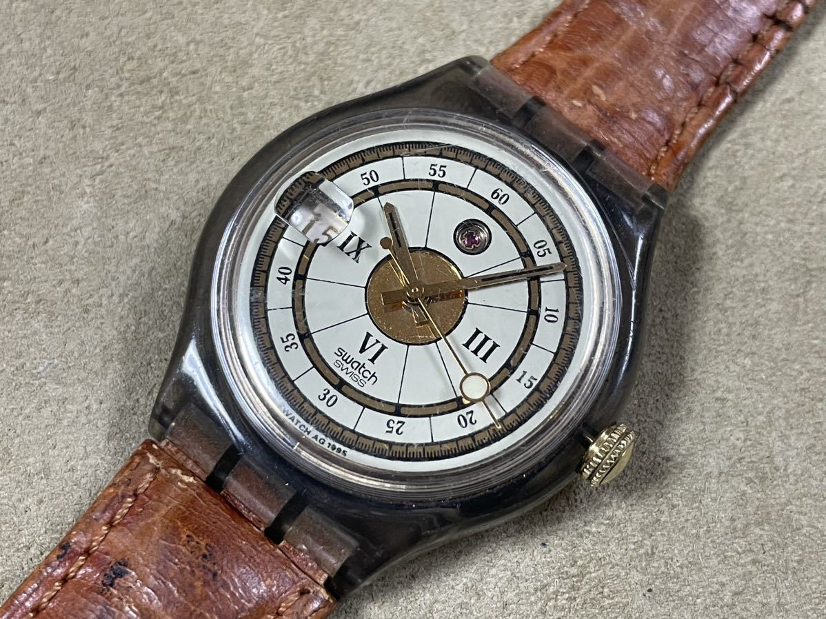 【1円スタート】swatch スウォッチ/ETA2842ムーブメント 自動巻/メンズ腕時計/23石/裏スケ/スケルトン/ローマ数字ベージュ文字盤【動作品】