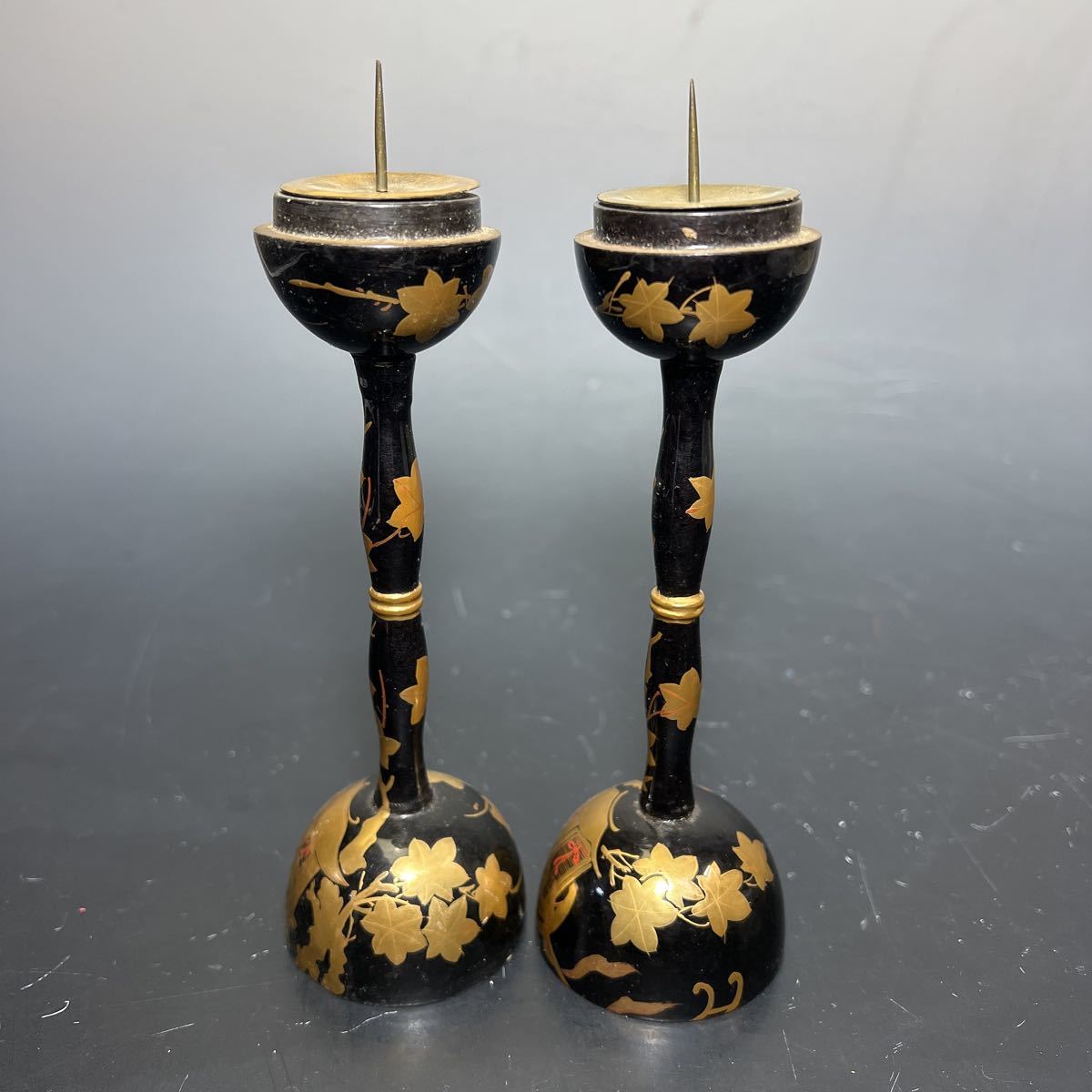 785同梱NG 時代 雛道具 豪華 蒔絵 雪洞燭台 一対 木製 漆器 天然木 黒 