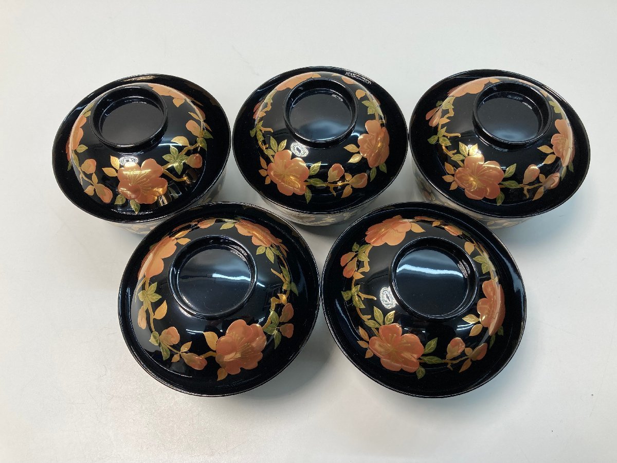 輪島塗 黒塗 あやめ蒔絵 吸物椀 5客 共箱 天然木製漆器 輪島塗 黒塗